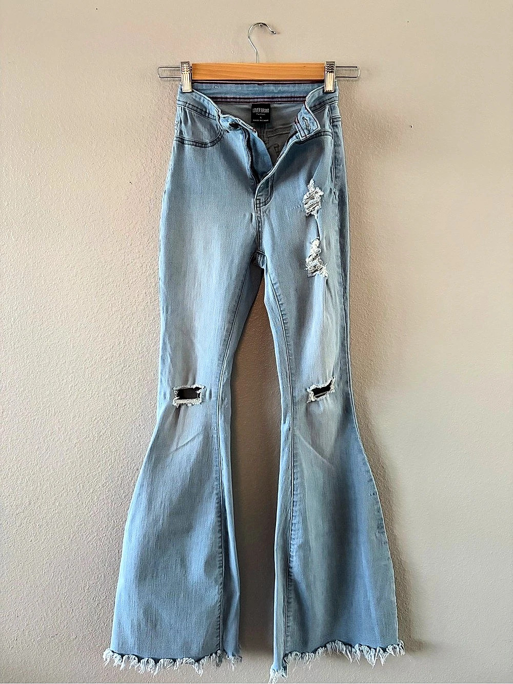 Lover Brand Fashion High Waisted Stretch Bell Bottom Jeans with Rips and Fray